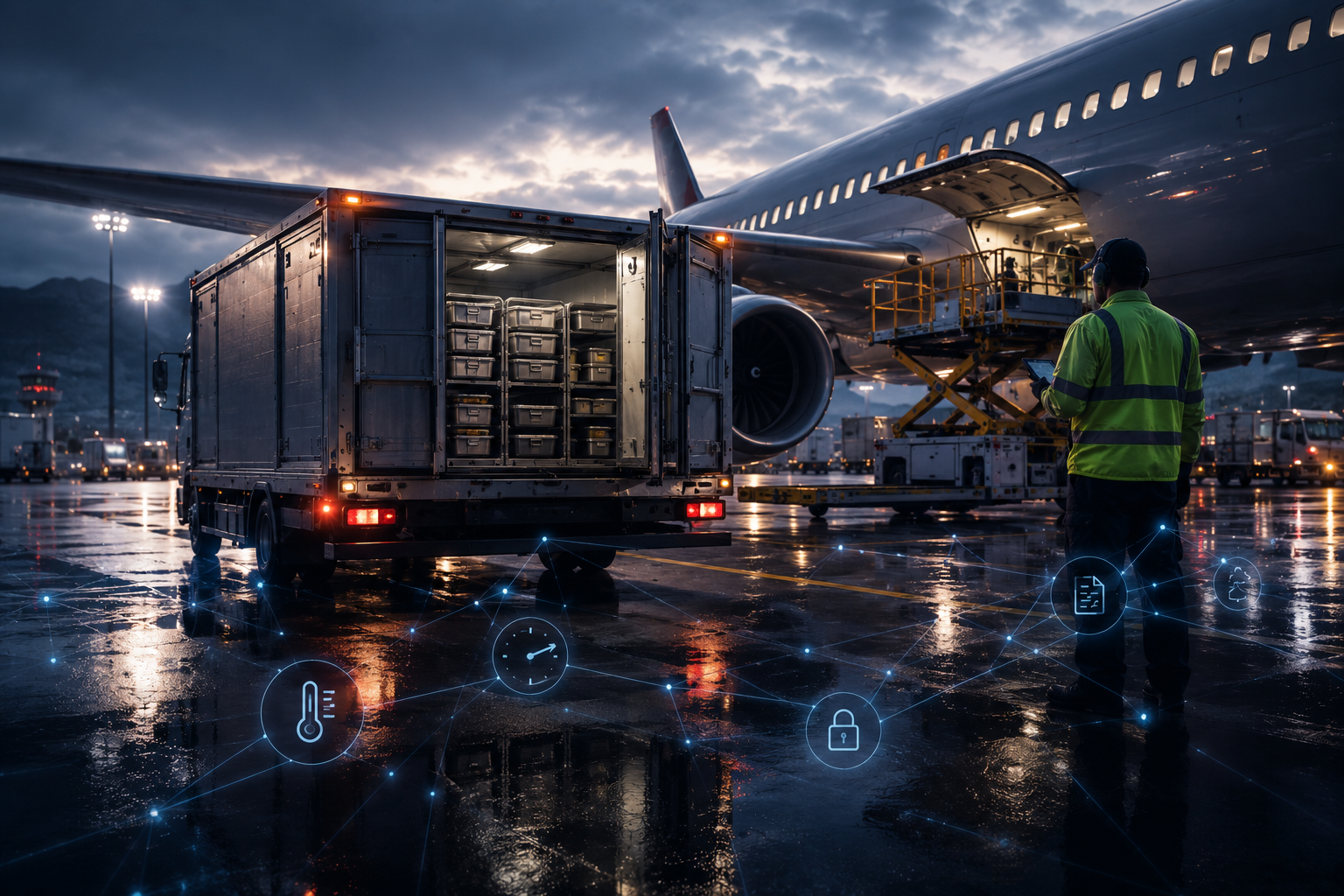 Airline catering ground leg with cart handover and evidence overlay