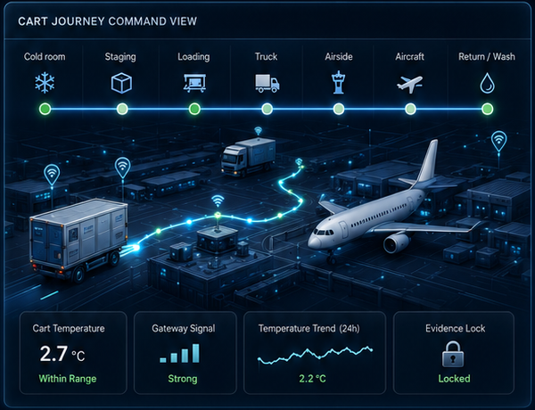 Cart journey command view with airport, cart, truck, aircraft and glowing journey route
