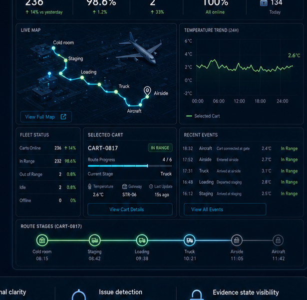 Representative live command dashboard with map, temperature trend, fleet status and selected cart
