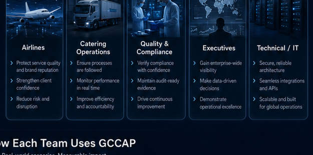 Role cards for airlines, catering operations, quality and compliance, executives and technical teams